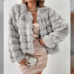 Super Soft Gray Faux Fur Coat - NEW
